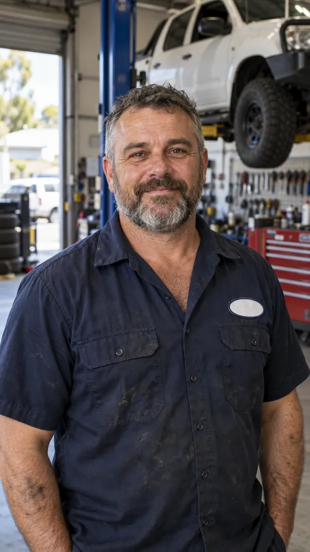 The mechanic leaning against a ute in a workshop, a four-wheel drive on the hoist behind him.