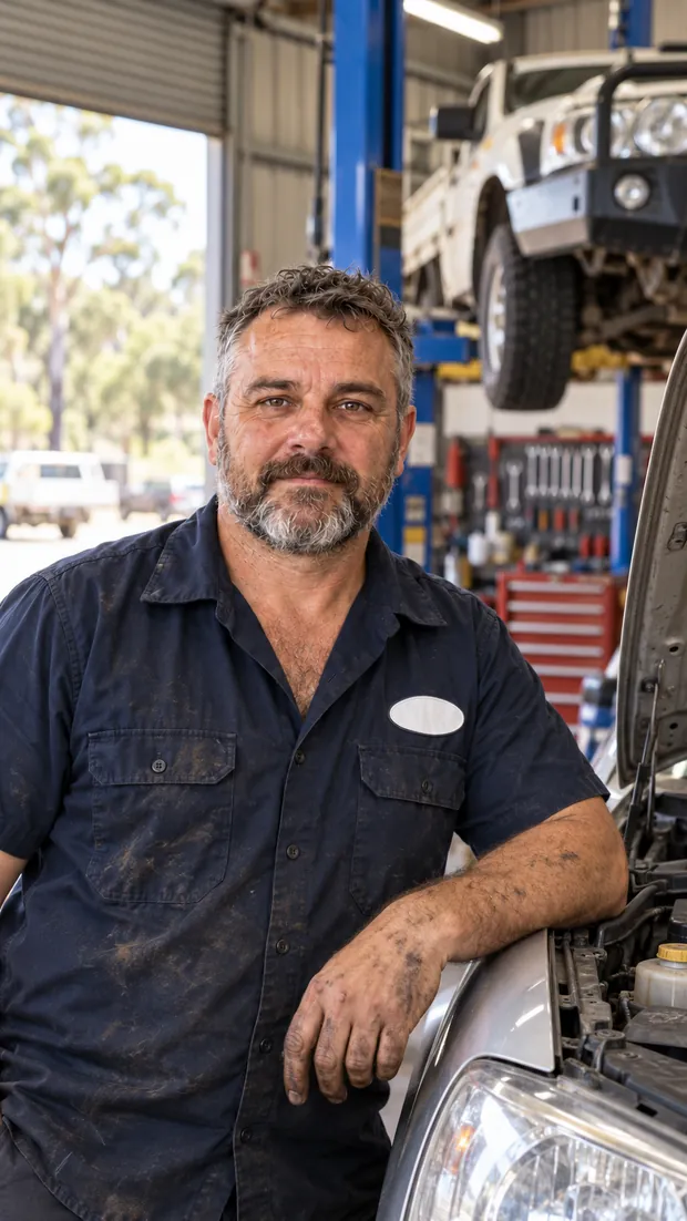 The mechanic standing in the workshop bay, smiling, with a vehicle on the hoist behind him.