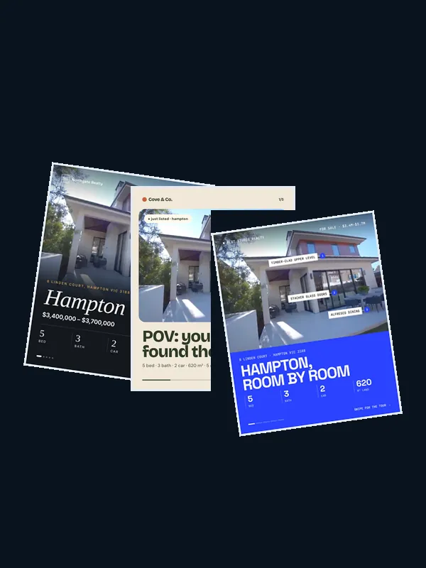 Three property listing carousels in three different brand styles, fanned out side by side.