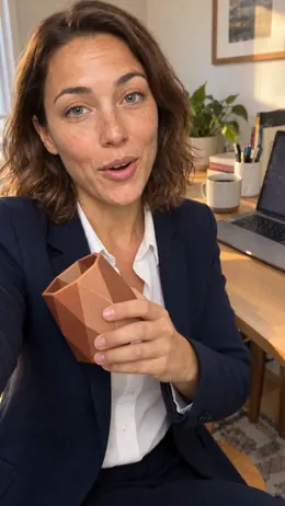 The model pointing at the faceted surface of the pen holder.