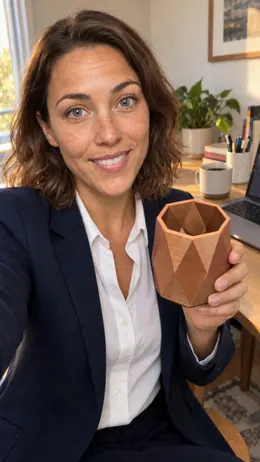 Closing shot: the model smiling, presenting the pen holder.